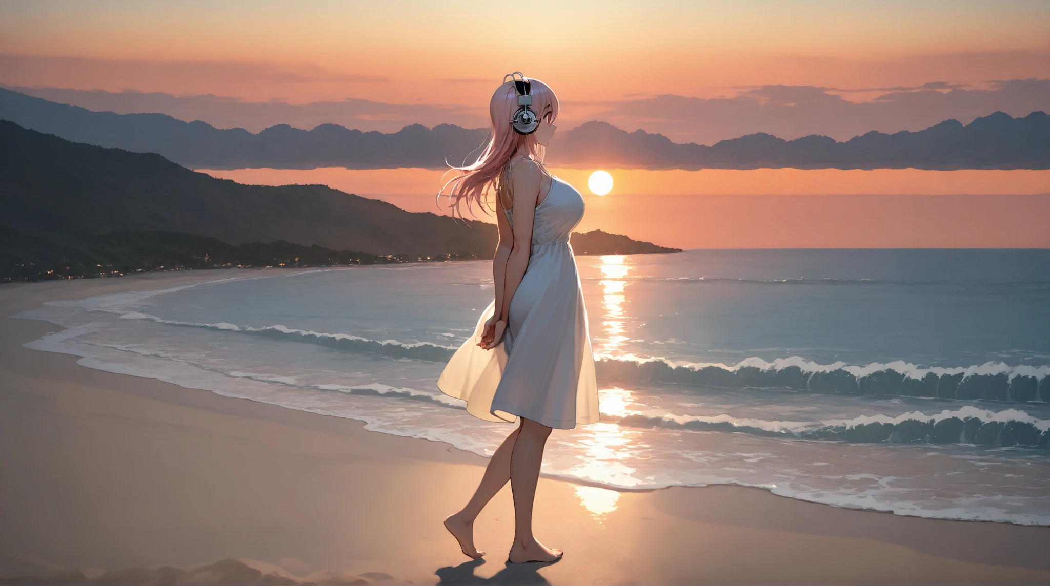 uma linda mulher negra caminhando na praia, por do sol, heaven pink, luz no cabelo (8k, obra prima, melhor qualidade)