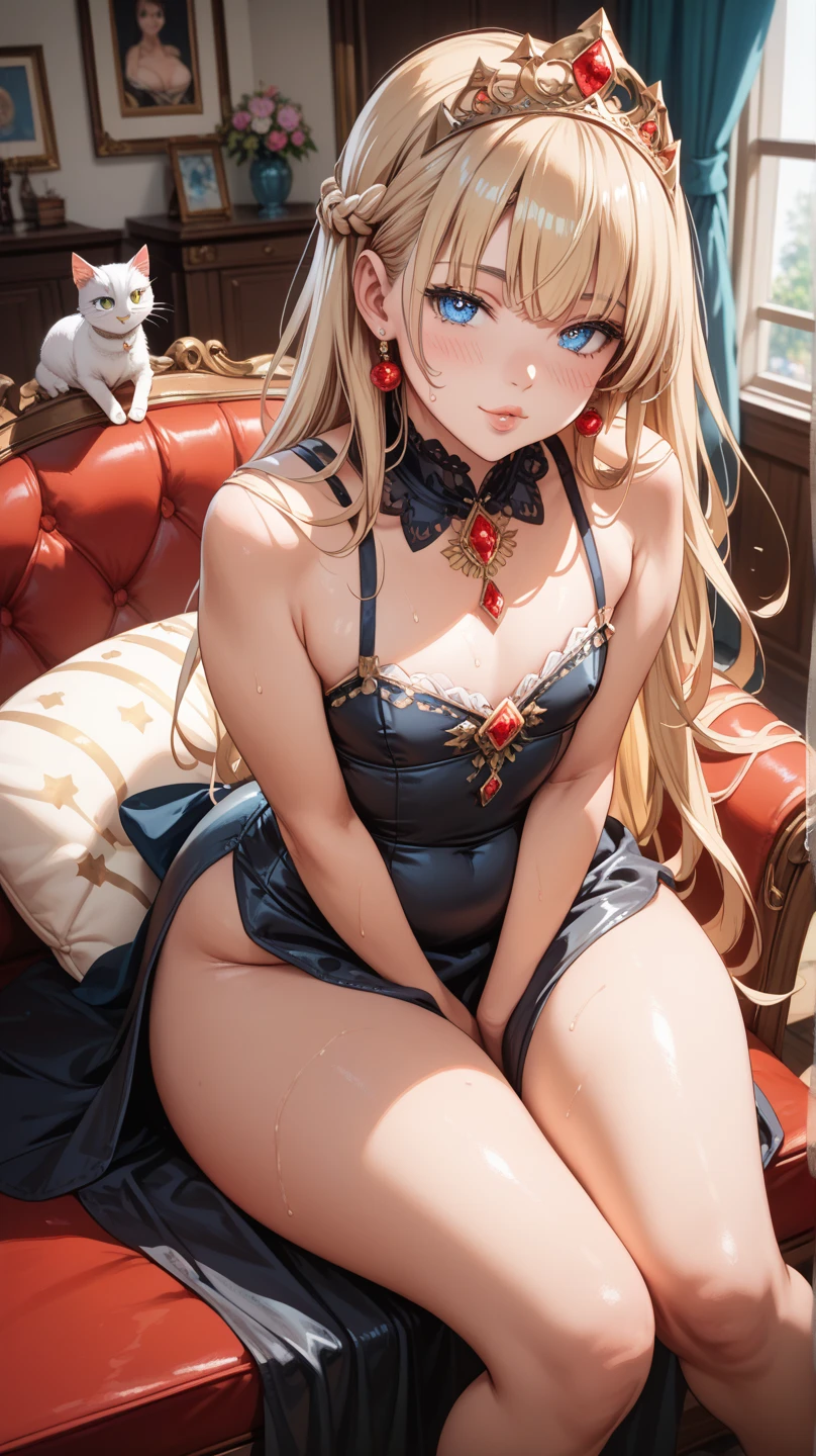 High resolution, masterpiece, look here, sitting with knees up on the floor, legs open, very realistic image of beautiful blonde hair, drawn by professional ukiyo-e, world of imagination, slim girl, nice legs , a well-fitting body, a sensual skirt, long eyelashes, delicate makeup that accentuates her gaze, a devilishness that sends shivers down your spine, her lips slightly parted, giving off a mysterious aura, and her eyes tilted upwards. 's eyes will tempt you,