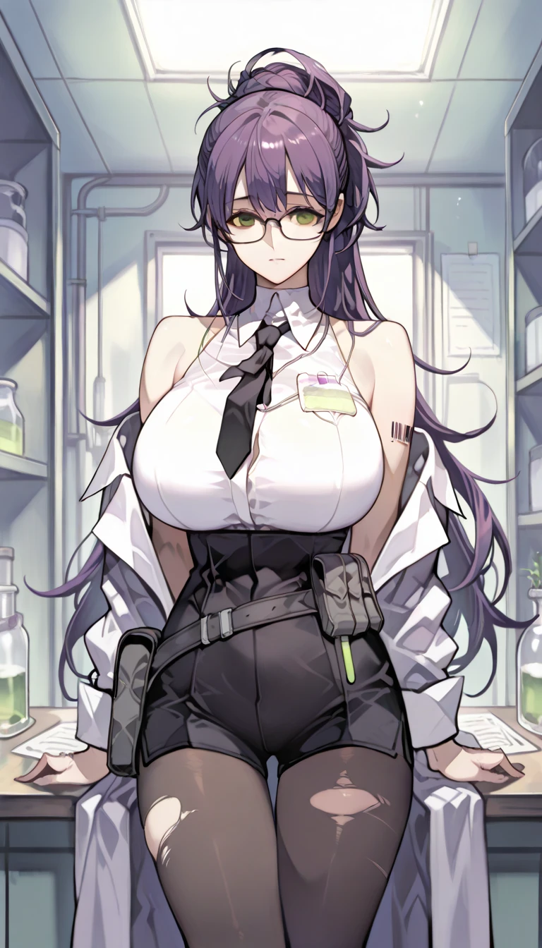 1goat girl, goat ears, yellow horns, purple hair, two long braids, perfect eyes, green eyes, glasses, serene face, black necklace, black skirt, lab coat, purple skirt, long black stockings, purple shoes, book in the hand, big breasts, big ass, laboratory background