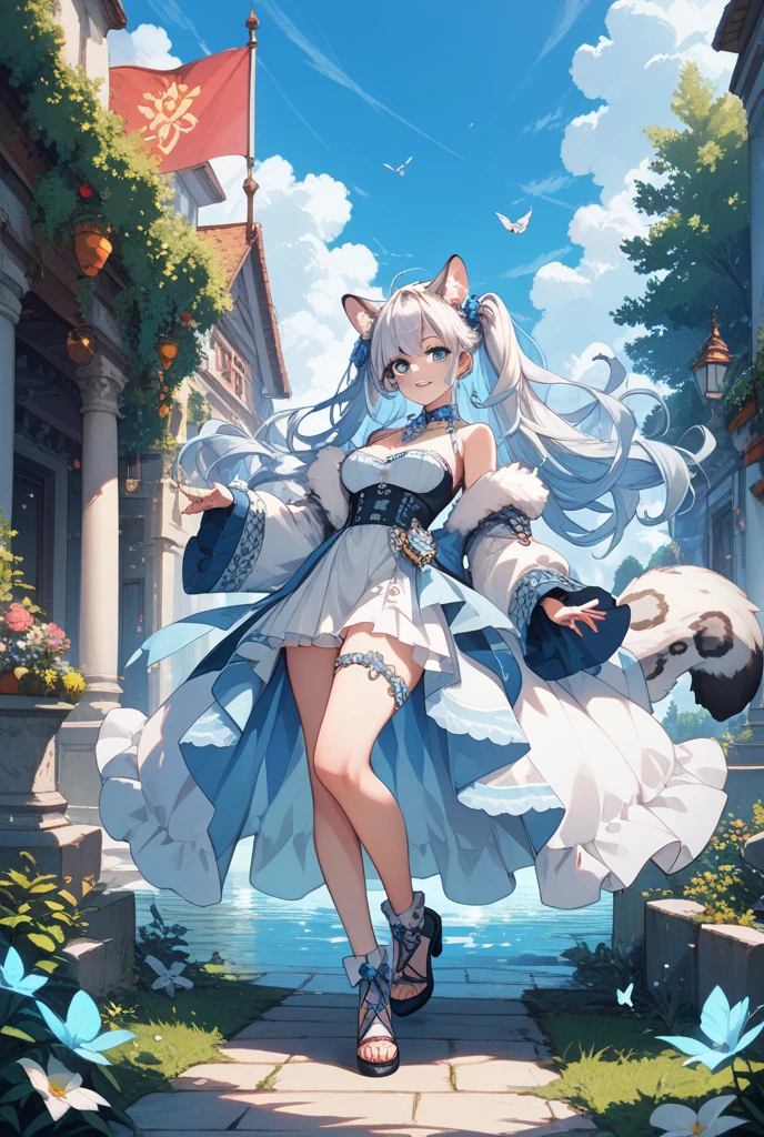 masutepiece,Best Quality,ultra-detailliert,Two hands,5 digits,best faces,(one girl:2),(Sky Blue Long Hair:1.8),straight hair,timid,Cat ears,pale blue eyes,Small breasts,setting off,grass field,Mountains in the distance,Clear