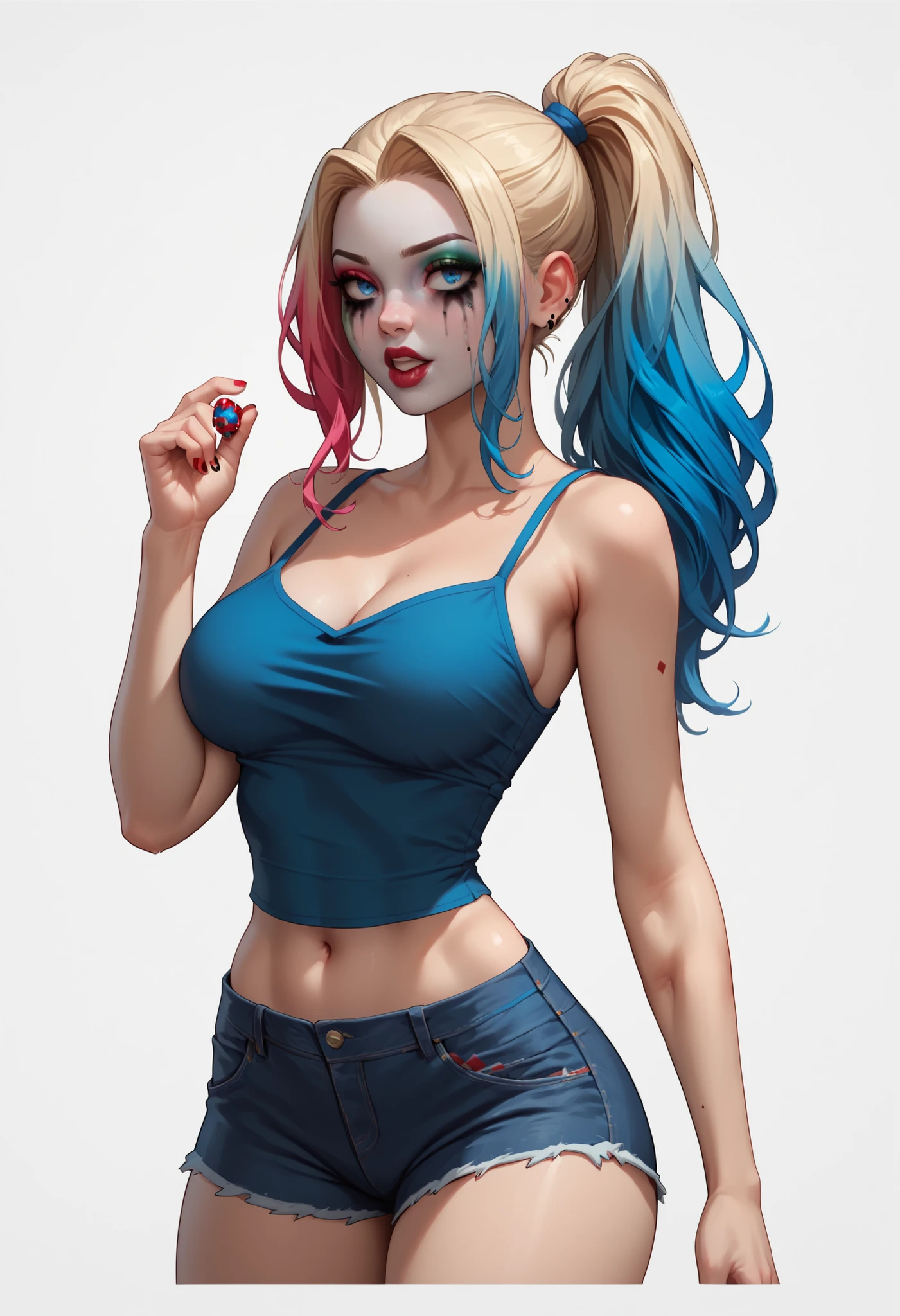 (ultra realistic,32k, masterpiece:1.2),(high detailed skin:1.1),( 8k uhd, dslr, high quality:1.1),
 <lora:HarleyQuinnModernv2-000003:0.4>blonde hair, twintails, short shorts, pantyhose, crop top, makeup, midriff, navel, fishnets, multicolored clothes, multicolored hair, collar, , <lora:add_detail:0.98>,   (huge breast:0.9), 
(looking at viewer, sitting:1.1),,
,(neon pastel light:1.1),blank background