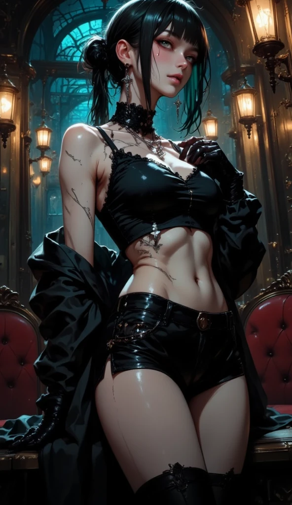 NVTHWVE-style NVINKPUNK drunken beauty plays Sandman's delirium, (hallucinating colorful soap bubbles), author:Jeremy Mann, by Sandra Chevrier, author:Dave McKean、Richard Aviden and Maciej Cuciara。, high detal, 4K, RTX,详细的脸,Detailed body limbs,1girll,Dark lips,female bodies,full bodyesbian,Oil shiny,huge tit,bareness,Oblique viewing angle,Raised sexy,ssmile,stores