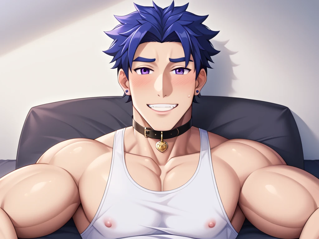 ((highest quality, masterpiece, 4k, finely detailed, detailed eyes, detailed face, intricate details, pixiv, gelbooru)) solo, (((1boy, male, masculine, handsome, slight muscles, Kanan_Matsuura_(Love_Live_Sunshine))), (((high ponytail, dark blue hair, light purple eye color, gentle eyes))), (((male briefs, tight tanktop))) lying on bed, sweating, covered in sweat, handsome, looking at viewer, blushing, smirking, (((big cock)))