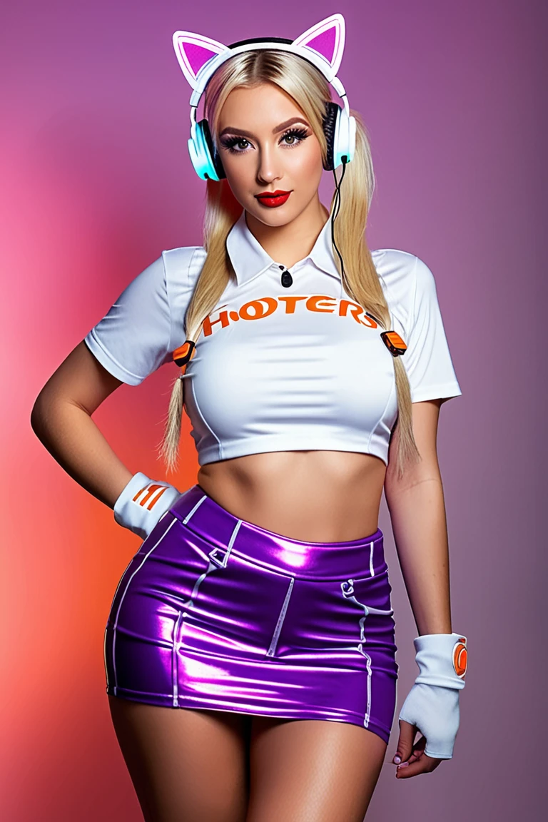 Photo shoot from the side, exotic bimbo sitting on a barstool , ,winking,sailor uniform fishnet,in a cyberpunk bar,skin pores,real life,hyperdetailed