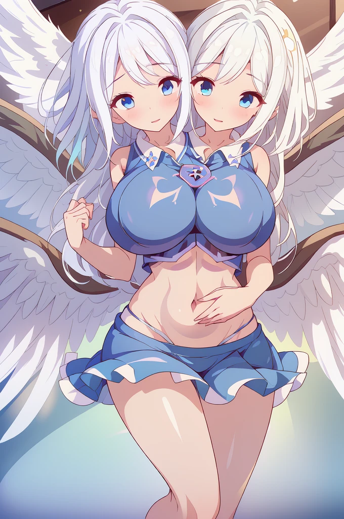 (masterpiece, best quality), best quality, (ultra-detailed), (3heads:1.5), 1girl, (mai:1.3), masterpiece, best quality, ultra quality, ultra resolution, ultra detail, light pink top, crop top, ((stomach)), midriff, ((groin)), light pink skirt, normal ears, shackles, blue hair, very long hair, wavy hair, pigtails, light-blue eyes, parted lips, detailed eyes, sweat, cute, toned belly, hand on own chest, eyelashes, (24 year old woman:1.3), (masterpiece:1.5), (best quality:1.5), (beautiful detailed), extremely detailed CG, extremely delicate and beautiful, depth of field, (finely detailed face), (perfect details:1.2), (mature female:1.3), wide pelvis, slender, large veiny breast, 16k resolution, highres, very high quality, very high definition, extremely detailed, masterpiece, blue hair, long hair, alluring presence, braid, short skirt, close up, very big tits, huge tits, young, light pink bow in her hair, small light pink wings, girl with three heads,