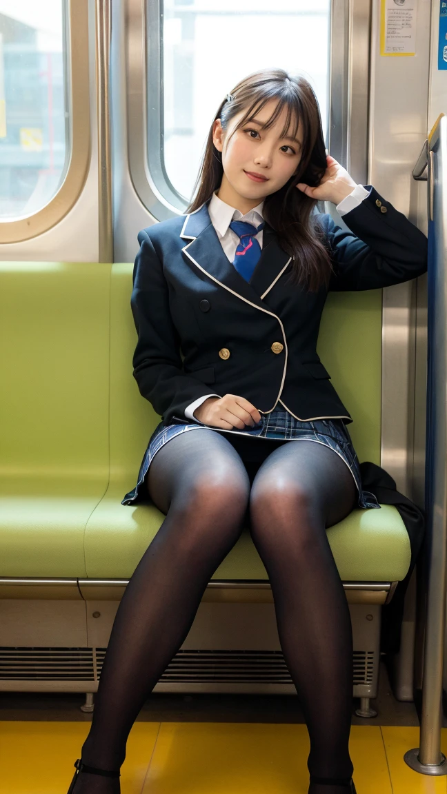 4K.Sharp focus、(((Sit well))), Beauty sitting on train seat, Taken from the opposite seat, Knee height seat, View Photographer, Tall Woman, One Woman, whole body, (Smiling at the photographer), tight skirt, (pantyhose), High heels, Sexy Dress, Long legs, Heavy makeup, Perfect Makeup, Perfectly styled hair、Clothes that show the chest、Girl in school uniform、