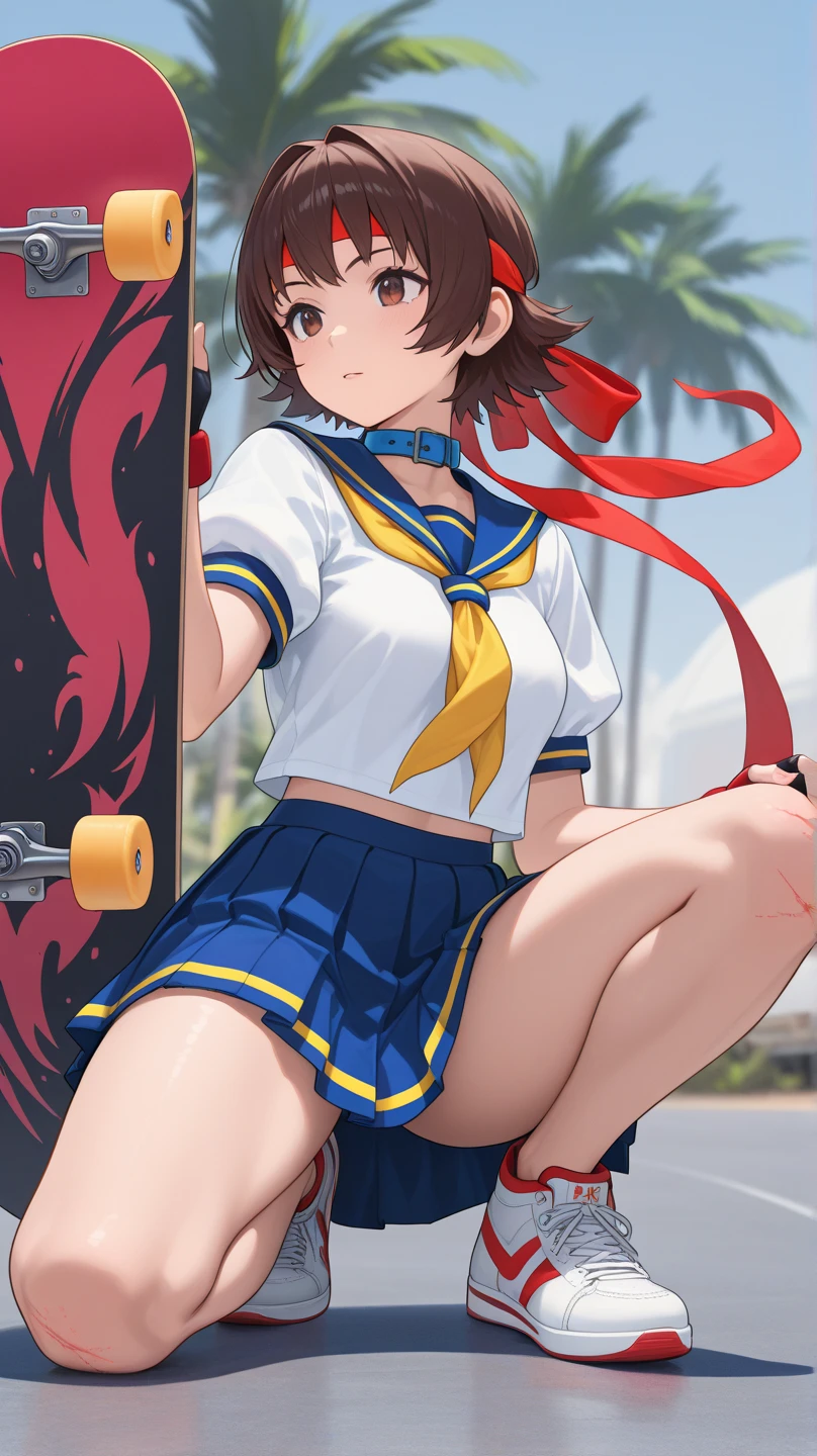 1girl, highest quality, best shadow, angle, brown pupils, breeze blow, (anime style), ((reflection light)), ((best quality)), 1080p, Detailed small breasts, Realistic skin feeling, Detailed Eyes, Beautiful Eyes, brown eres, anime eyes, headband, blue top, blue blouse, (pleated super short skirt:1.3), (mini skirt:1.3), leather gloves, socks, white sneakers, white shirt, pink neckerchief, panty focus, ((skirt lift)), (((emphasis on blue vest))), ((emphasis on short brown hair)), crop top overhang, perfect white panty, bright eyes, smile, open mouth, (beautiful finely detailed eyes: 1.2)