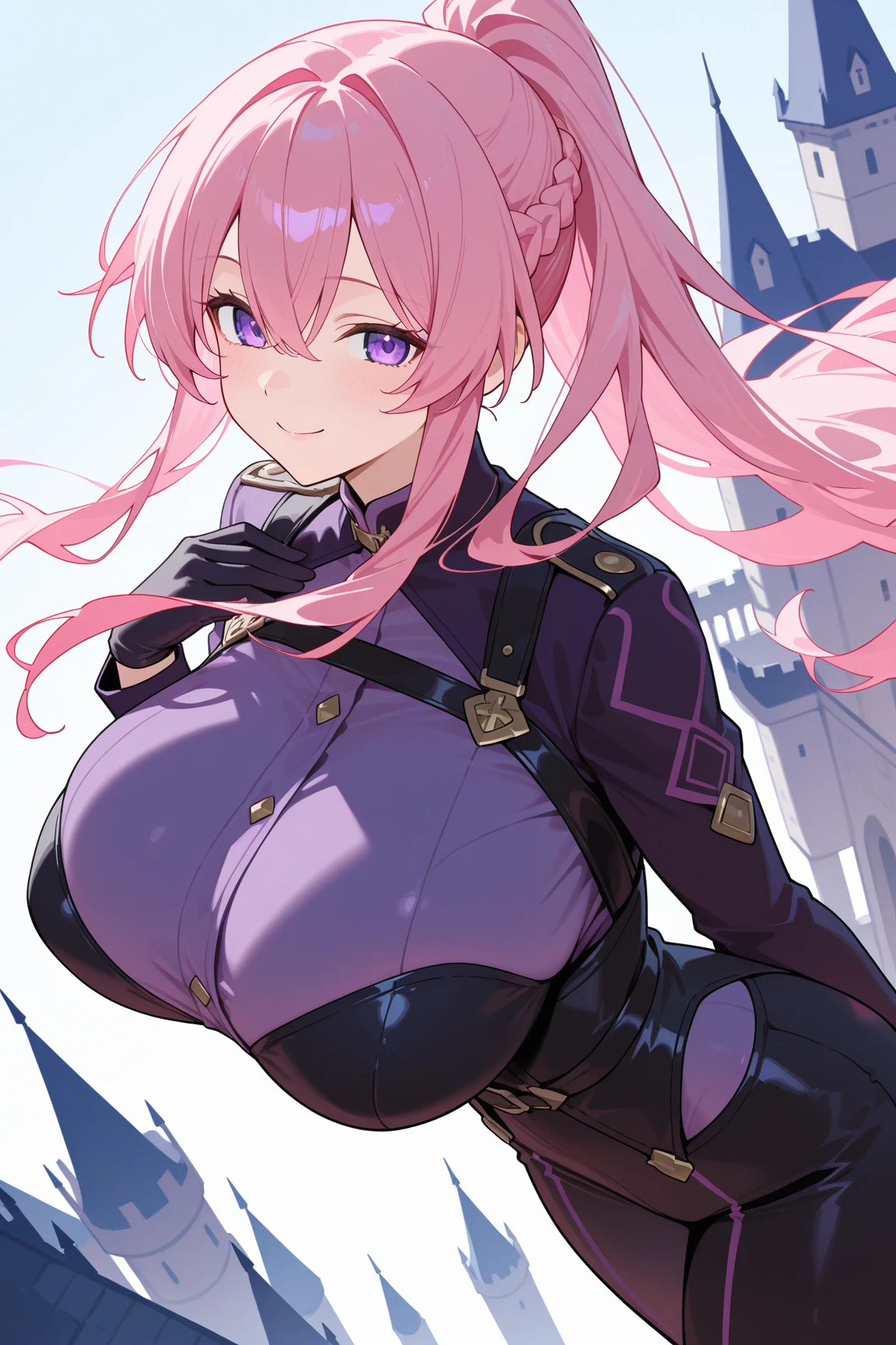 (top-quality: 1.3)、(masterpiece: 1.3)、(The ultra-detailliert: 1.3)、(wall-paper, one girls)、(Perfect and beautiful pink leotard:1.3)、(full armor:1.1)、(Pink hair:1.3)、Longhaire、straight haired、(Beautiful Large Breasts:1.3)、borgar、castle town、ssmile、sexypose、Kneeling