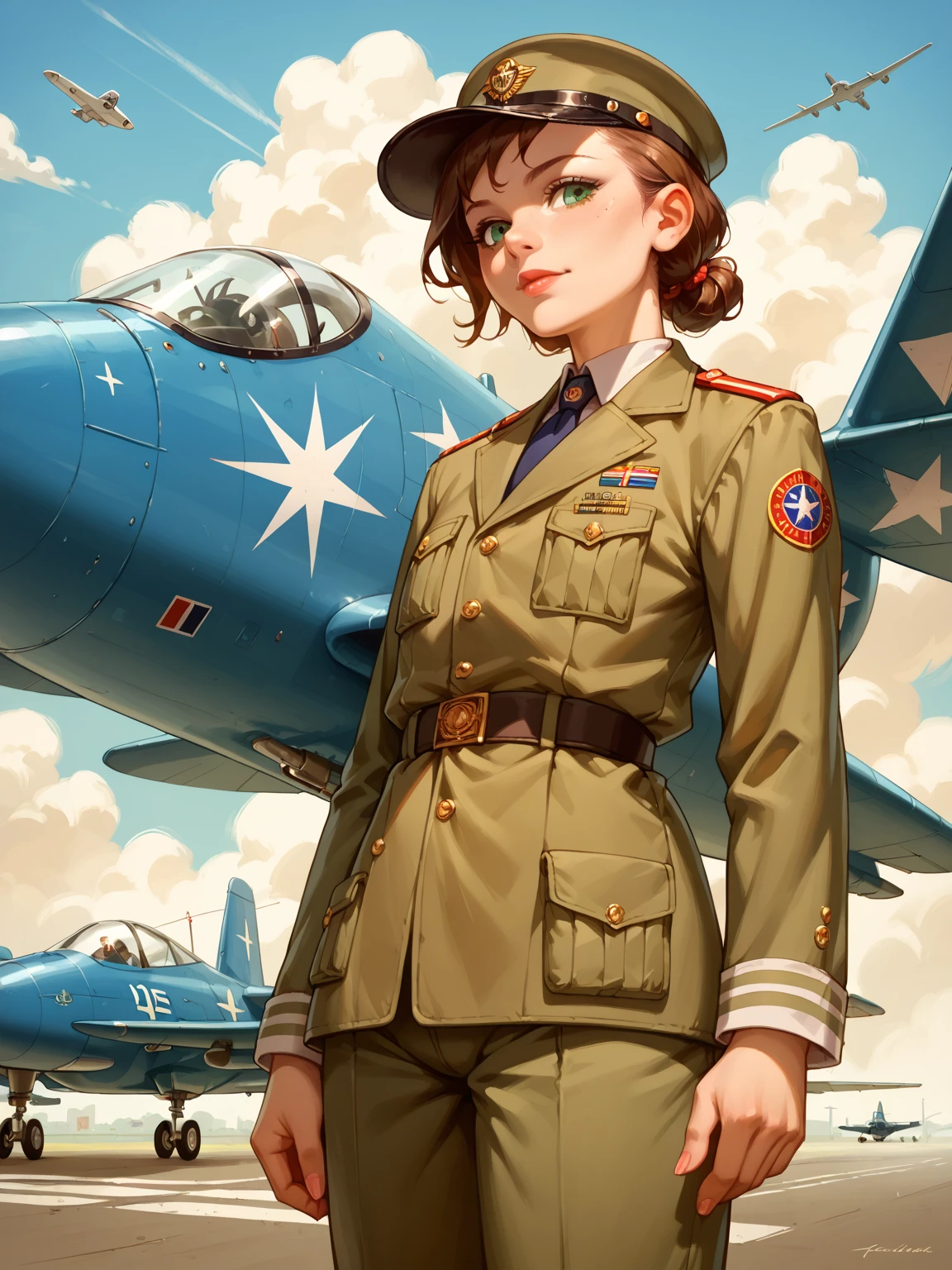 Masterpiece, realistic, sci-fi science fiction, realistic sci-fi movies, detailed facial features, realistic, in a single shot, detailed fighter planes, realistic high-tech fighter planes, cinematic angles, shades that Most realistic, detailed environment,( beautiful CG:1.4 ),Standing on a flying aircraft carrierDetailed realistic eye sockets,excellent lighting,tonal coloration,beautiful colors,woman,adult,short,small breasts,26 years old,deep green eyes,hair. Dark black, two braids in the back, smooth bangs in the front, red glasses, a solemn expression, (refer to the WWII white German air force general uniform: 1.5 )