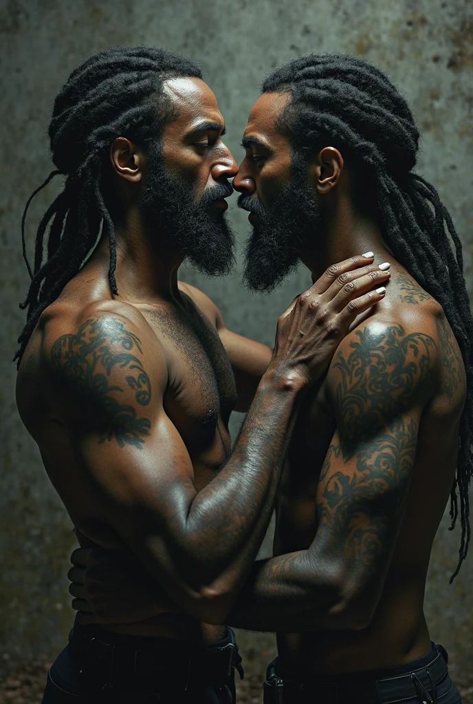 Mullet man drinking milk from another man's dick (one has long hair in dreadlocks and the other has long mullet hair, both black hair, they are dark without beard, o de mullet tem piercings, and the one with dreadlocks has 2 cuts on both eyebrows)