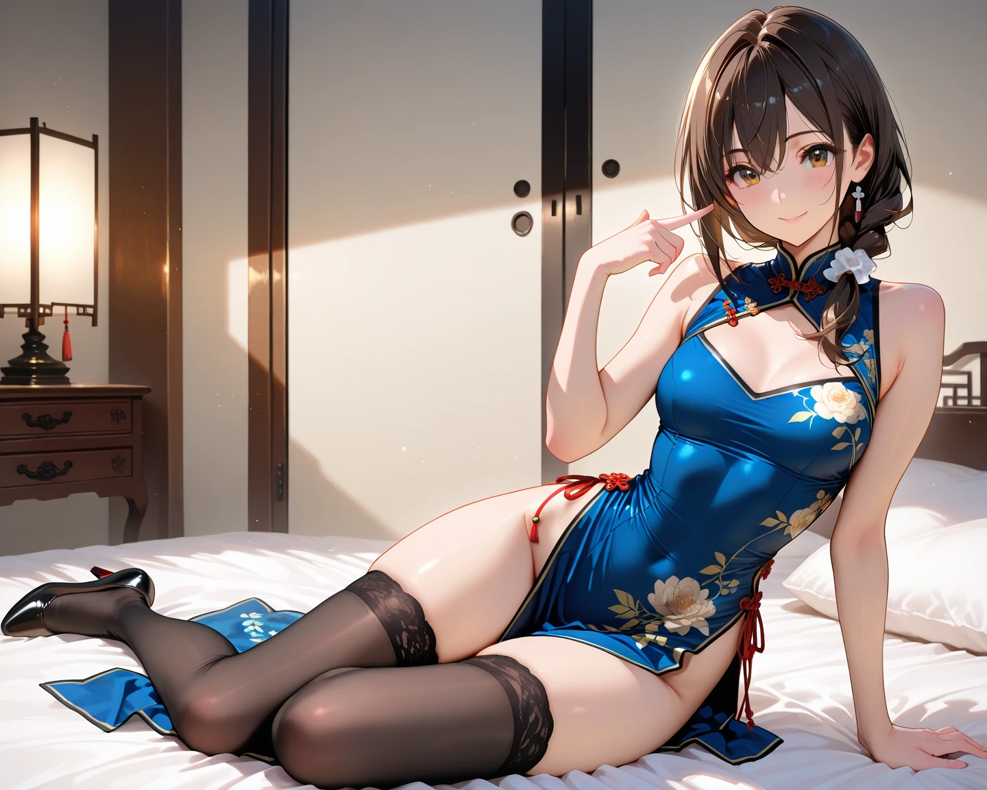 Masterpiece, Superb Product, 1 Woman, Blue Clothes, Blue Cheongsam, Full Body Photo, Antique Chinese, White Cloth Bun Bun, Black Hair, Leaky Shoulders, Large Chest, Long Legs, Smile, Black Pantyhose, Pale Pink Lips, Embroidered Clothes, High Heels