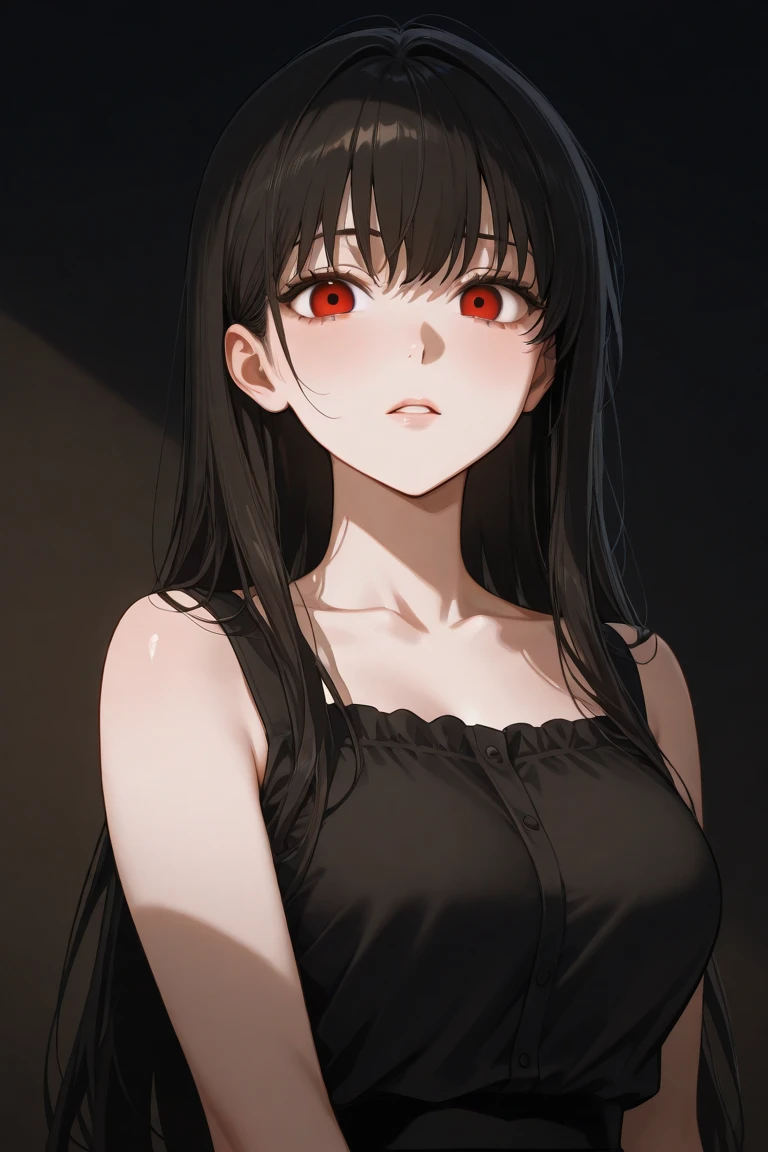 (Highly detailed CG Unity 8k wallpaper), (masterpiece), (Highest quality), (Super detailed), (Best illustrations), (Best Shadow), (Absurd), One girl, alone, Chigahara, One girl, alone, Black Hair, Shorts, Long Hair, View your viewers, black Shorts, Sitting, camisole、Red eyes,Huge Breasts, short Shorts