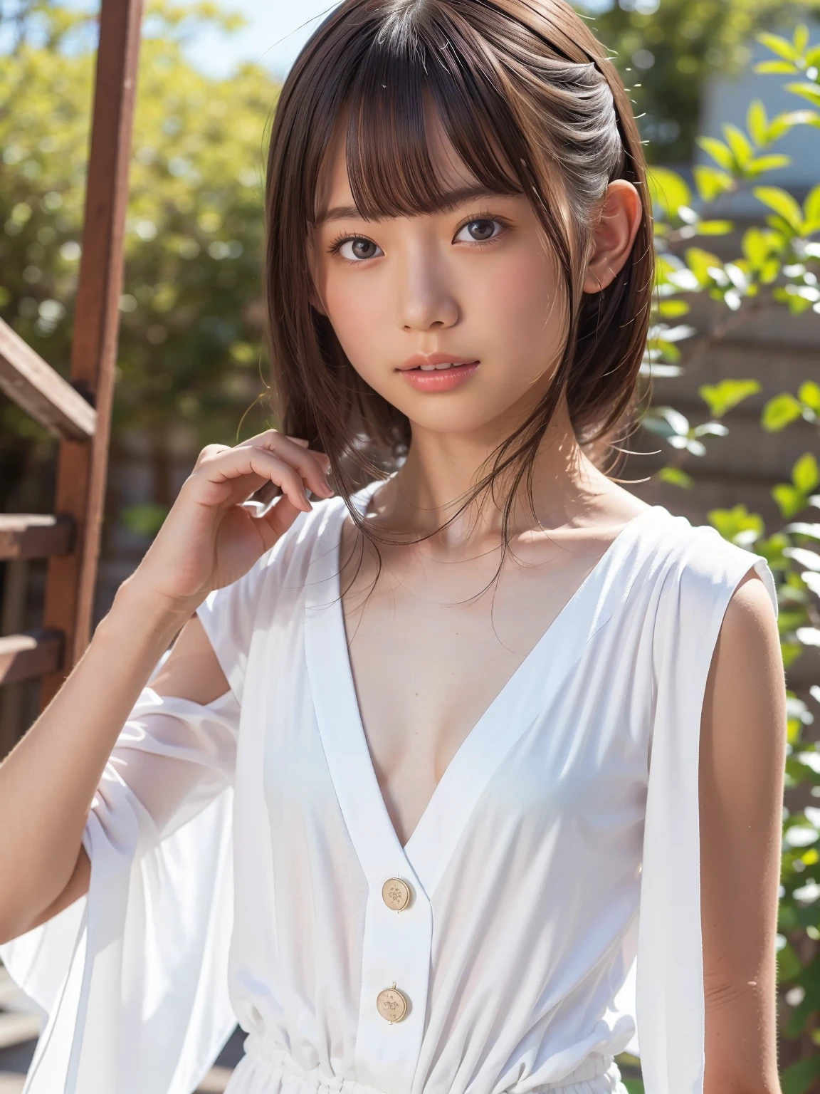 highest quality, High resolution, Realistic photo, Detailed skin texture, ((Cute 12 year old Japanese girl wearing a see-through short white camisole)), View your viewers, Slim figure, Attractive gaze, Fair skin, (Flat Chest:1.5), Straight long hair, (loli:1.2), In the park with cherry blossoms falling