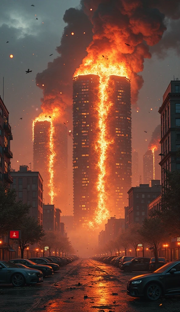 Vividly describe the cityscape in the midst of chaos: The once prosperous metropolis is now in ruins, The towering buildings were engulfed in roaring flames，Shattered car wreckage is scattered across the streets.The text was burned by a raging fire，Tech Style；8k
