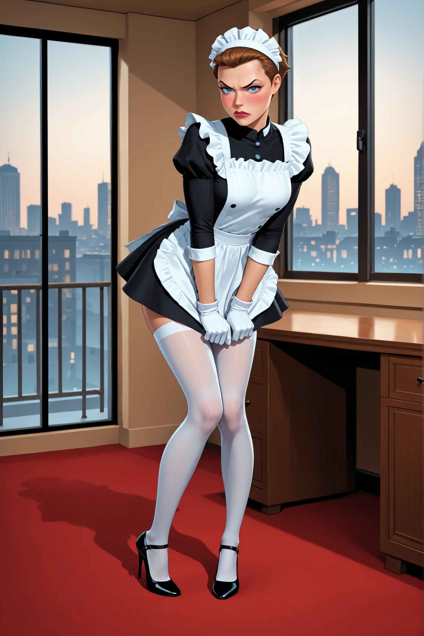 masterpiece, best quality, very aesthetic, absurdres, realistic, indoors, penthouse, red carpet, desk, solo, Mercy Graves, athletic, perfect face, dark blue eyes, lipstick, looking at viewer, embarrassed, blush, angry, brown hair, very short hair, maid uniform, black dress, white apron, white gloves, white stockings, mary janes, stiletto heels, standing, leaning forward, skirt tug, knees together feet apart, wide window, cityscape, art deco