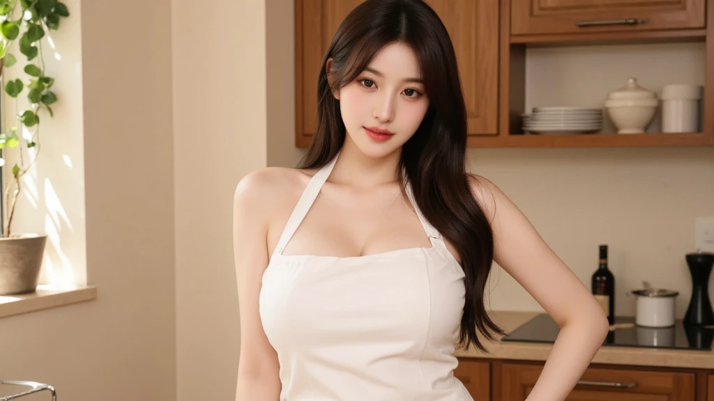 Beautifull, mother-in-law, japanese, spaghetti strap square neck,seductive expression, in the kitchen, voluptuous, high waist short skirt