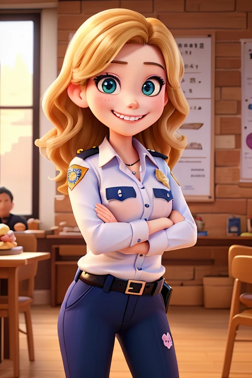 Police Academy Instructor、smirking face、wears sweets all over her body、 salute pose、
