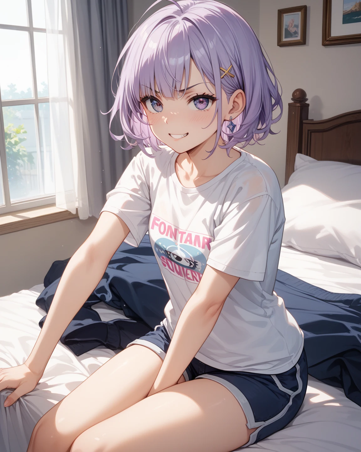 (Close-up:1.3),Realistic,Highest quality, Super detailed, High-quality CG rendering, The most delicate and beautiful, Floating softly, High resolution, (1 girl), (Highest quality,4K,8K,masterpiece:1.2 Light purple hair,(Hair in a bun:1.5),Red eyes,(Pure white oversized short sleeve T-shirt:1.3),(Black skinny jeans:1.3),Small room,bed,(bedに座っている:1.4)