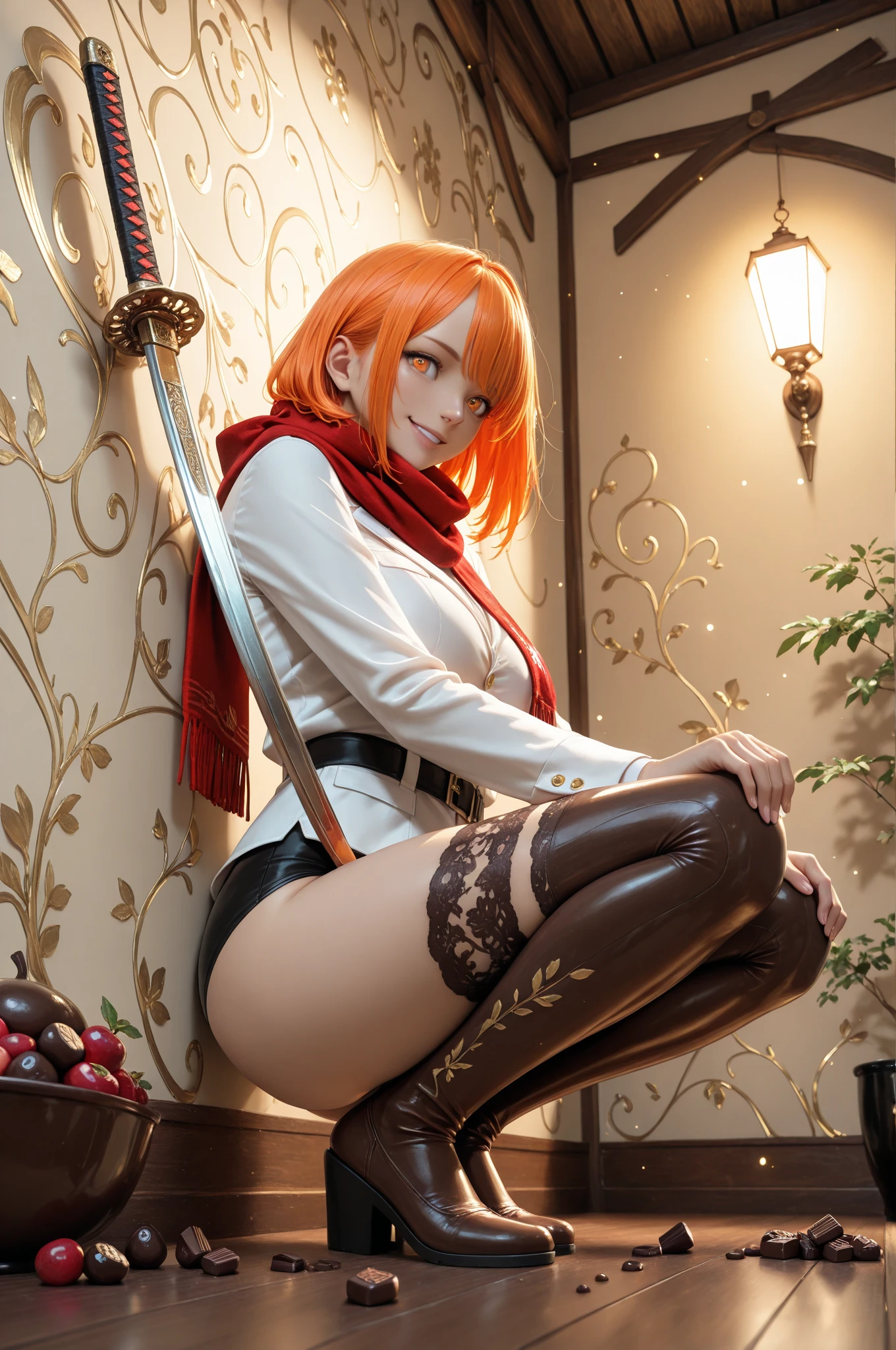 Create a Mavuika illustration, a character from the game Genshin Impact. She's a mature woman. she has big breasts. She must be in a bed with a very naughty expression, On open legs. Mavuika has long, loose red hair., His eyes are big and red. She must be wearing a black blouse and pants. with a piece of panties showing. with red details. she has glasses. she must be in a very sexy pose. The scene must be vibrant and full of details.