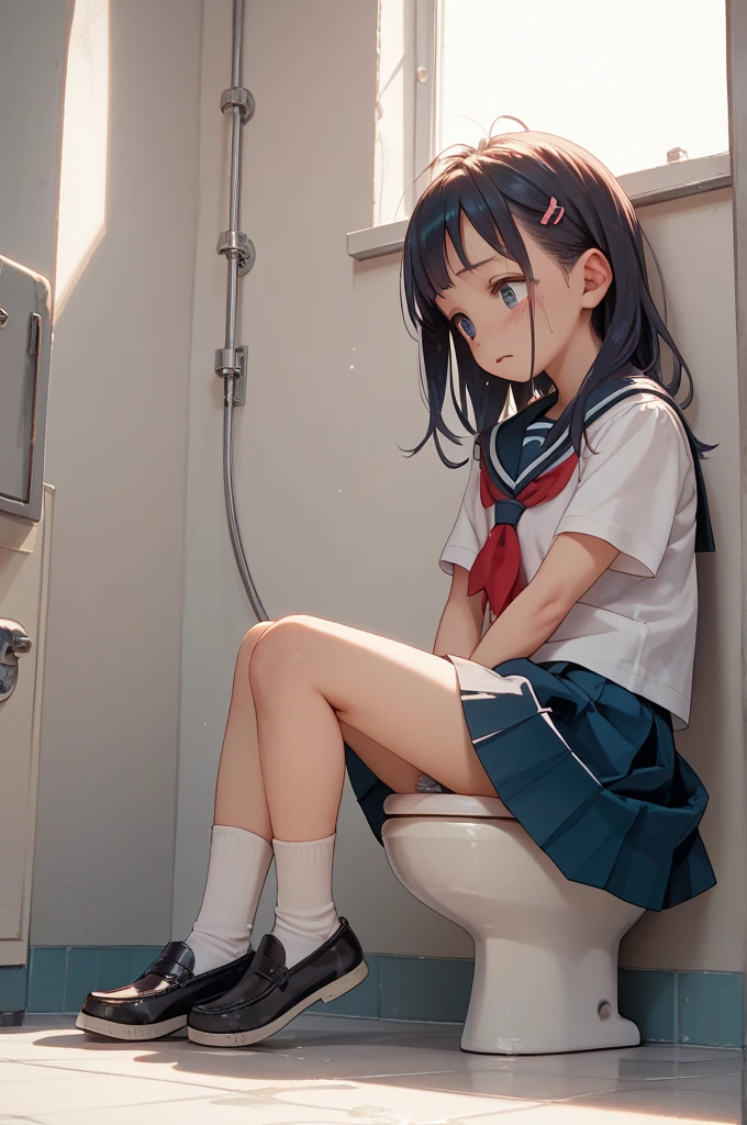 lighting like a movie、top-quality、peeing in toilet、embarrassed from、full of sweat、Wearing sweat、Tartan checked panties