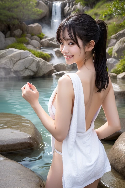 最high quality、high quality、best image quality、8K、最High resolution、High resolution、最high quality、masterpiece、Realistic human body in every detail、Realistic skin in every detail、Realistic face in every detail、Realistic eyes down to the details、Realistic lips in every detail、Realistic teeth in every detail、Realistic ears down to the last detail、Realistic hair down to the last detail、Realistic arms down to the last detail、Realistic reproduction of every detail、Realistic fingers in every detail、(fine hands、thumb1reference4)、Realistic feet in every detail、((beautiful japanese girl))、(japanese model), (japanese woman)、18 year old beautiful girl))、(black hair)、(random hairstyle)、((whole body))、((beautiful upturned chest))、(slim style、slender style)、(whole body glossy skin、Fair skin)、white bath towel、Small bath towel、((Wrap a small bath towel around your body))、((Small bath towelのラップドレス))、(soft natural light)、((in the deep forest(Natural hot spring water gushes out))、((Hot springs surrounded by rocks))、((deep bathtub(deep hot spring))、((Onsen Girls))、((sitting in a hot spring))、((Soak waist-deep in hot springs))、((Inside the bathtub、Sit with your butt down))、((A large amount of steam is rising from the water in the bathtub..(Hot water at 40°C))、((Lots of steamy hot springs))、((realistic water、clear water))、((sexy pose))