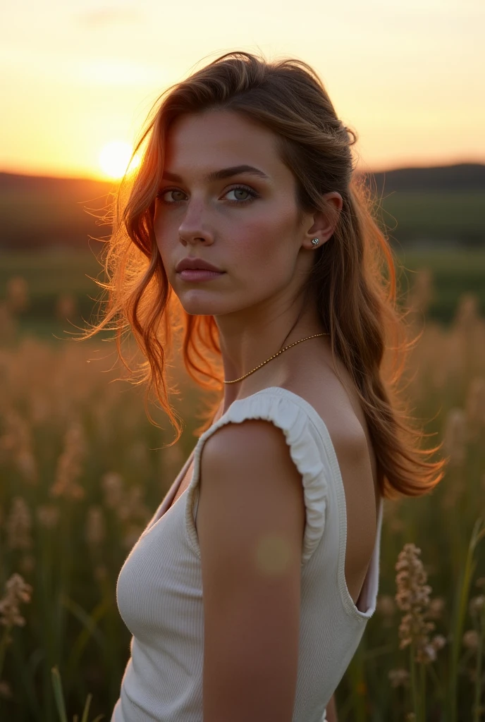 wearing a yellow summer dress, profile photo, no cleavage show, 1.2, Looking at Viewer, full body view, Cinematic lighting, Perfect, softlight, High resolution skin:1.2, Realistic skin texture, 24 years old woman、a small face、no-makeup,Bust B Cup, Blue eyes, Short hair, dark brown hair、athletic body, sunset background, defined eyes