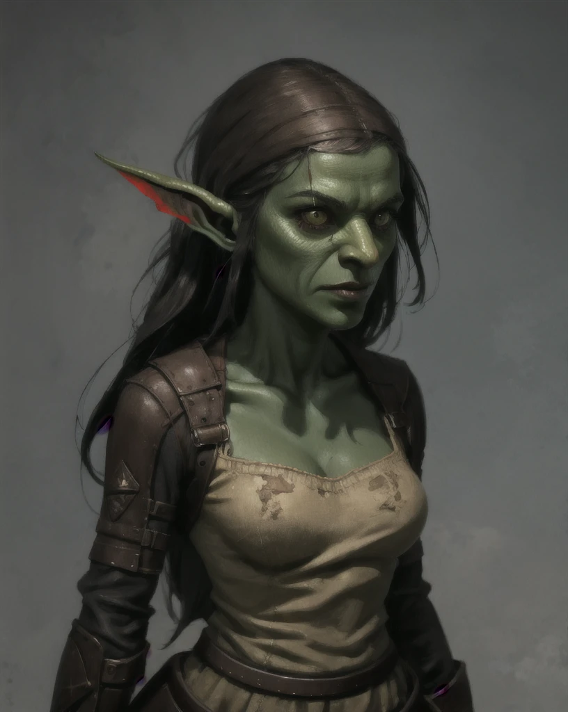 (Guilty:1.3) beautiful face, dwarf (green skin color), short black mohawk hair, woman, closeup, pointy ears, arms crossed, monk complex clothes ((sleeveless robes, tattooed arms)), steampunk, tavern, rain, looking into the camera, hair flying, (anime), (illustration), cartoon, detailed, prosthetic archaic cybernetic hands, <lora:Dwarf_Diffusion:0.9>