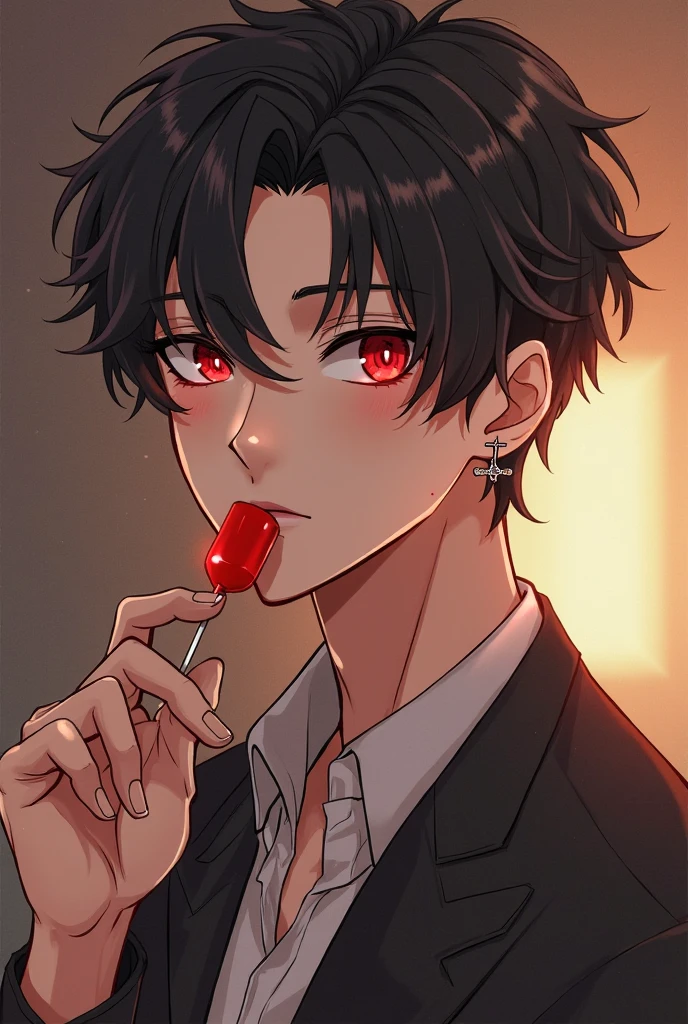 A handsome male teenager he is wearing a red hoodie with black spider web details his skin is completely greenish-white his lips are gray and he is not wearing a shirt showing his muscular body his black sclera and his red pupil and irises his hair is black but in the front he is white he is at a Halloween party eating a Halloween candy the image has to be in hot anime