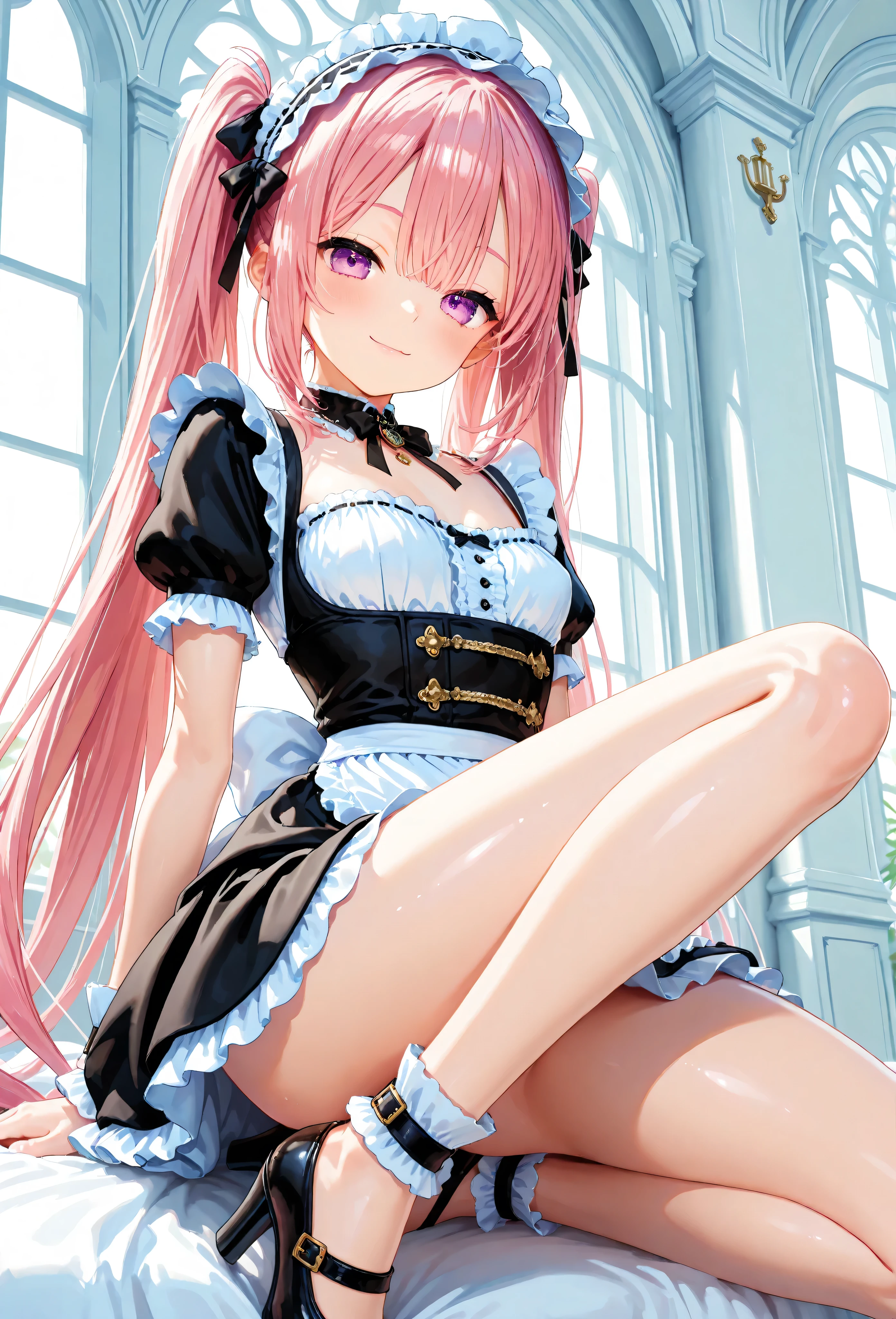 muste piece、masterpiece、highest quality、Super detailed、High resolution、8K portrait、High definition CG of Unity 8k wallpaper、cute type little:1.5、Lori:1.5、Highly detailed CG unity 8k wallpaper、Realistic、real person、 portrait photography、shiny skin、High definition、(16 years old:1.2)、(1 girl)、beautiful clear eyes、extremely detailed description、delicate face、nice lips、slender body、flat chest、thin waist、thin legs、(garden:1.6)、1 girl, cute type, perfect face, seriously, (blush:1.5),(Pink hair twin tails:1.3),(flat chest:1.4),(Boobs Topless 1.3),(I have nipples:1.2),((Maid clothes:1.3)),(black dress:1.1),(looking at view:1.2),(from front:1.2),gran,((climax in vagina:1.5)),(wearing shoes),(hand on own chin),(standing)