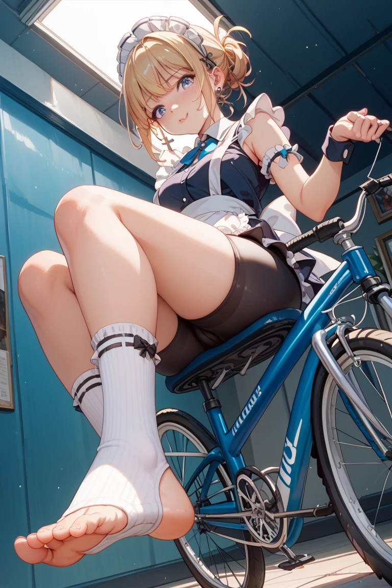 (In 8K, Ultra-high resolution, Best Quality, Masterpiece:1.2), (Realistic illustrations), Relaxed girl listening to music with headset, smile, Detailed teeth, はにかんだsmile, Nostalgic vintage style animation, 80s city night view, bike