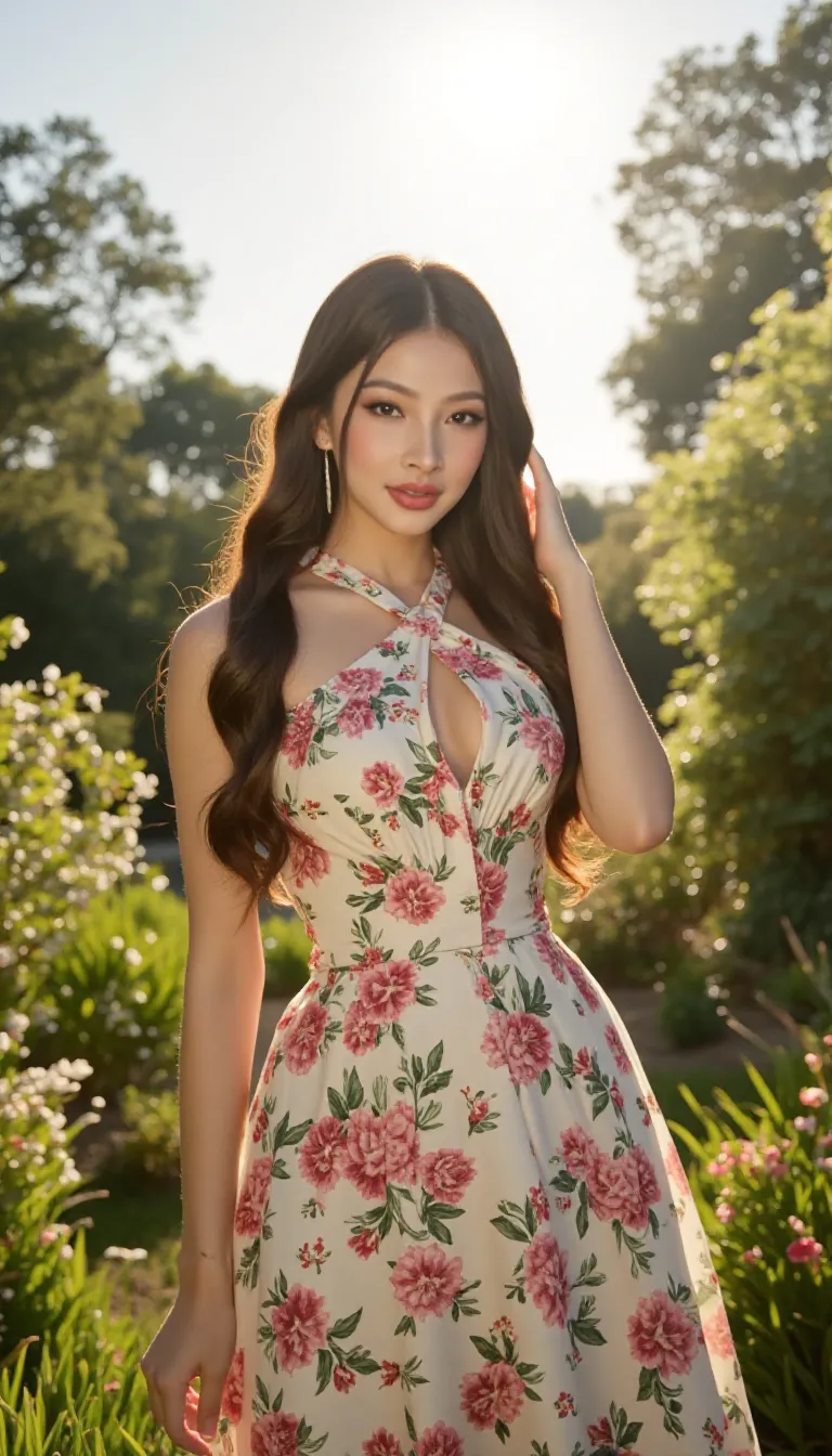 A radiant 22-year-old woman with an enchanting face is reclining on a hammock, dressed in a maroon floral maxi dress. Her lips are slightly parted, and the afternoon sun casts a warm glow on her. The location is Phu Quoc Island, and her pose is both relaxed and sensual.