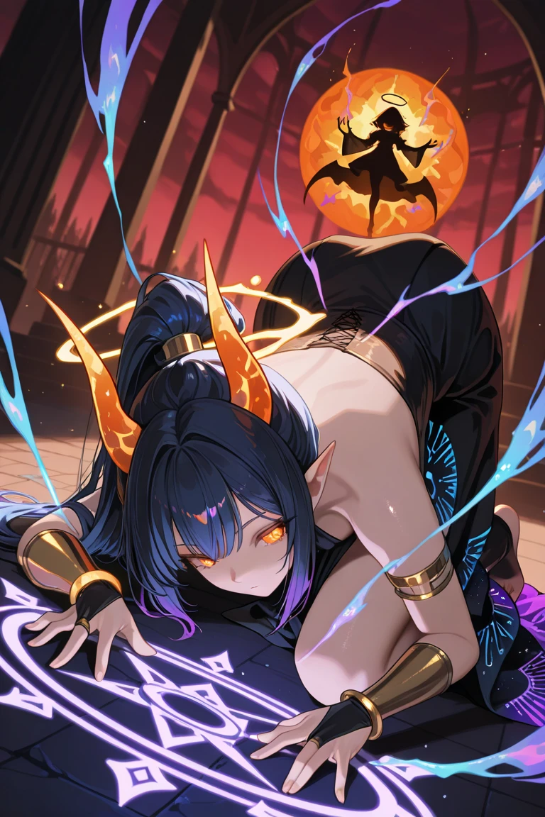 portrait,solo person,a beauty girl,Hair over the shoulder,succubi,Happy,pointy ears,goat horn,high-heels,Put your hand to your mouth,Crossed waist with one hand,Whitish skin tone,Bow collar,比基尼,grin,Magic pupil,a garter belt,The demons,The demons翅膀,Bat wings growing on the back,Crop topping,Sexy dressing,underwear,The demons尾巴,Arrow shaped tail end
