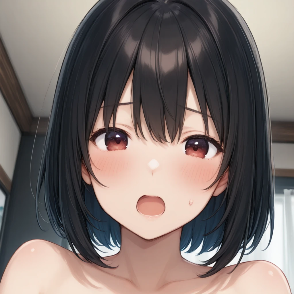 Young woman, long straight brown hair, blue eyes. Light tan skin, tall, skinny, full naked exposed, nipples exposed, Vagina Exposed, Lewd face, Eyes looking up, red blushing cheeks, Tongue sticking out, Upper view, Arms raising up, Head looking up