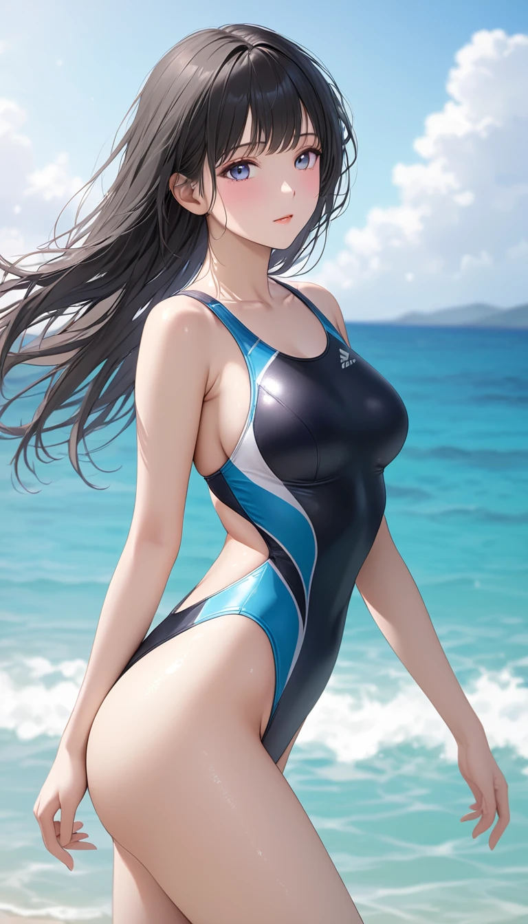 ((masterpiece,best quality,ultra detailed,high resolution))),(daytime,clear weather,front light),((solo)),(beautiful woman,teenage),(black hair,medium hair,straight hair),(beautiful detailed face,beautiful detailed eyes),(finely detailed skin,fair skin),light smile,(one-piece competition swimsuit,navy swimsuit),(beautiful lake,beautiful sky),(medium breast,perky breast,small hip),((cowboy shot,from below)),