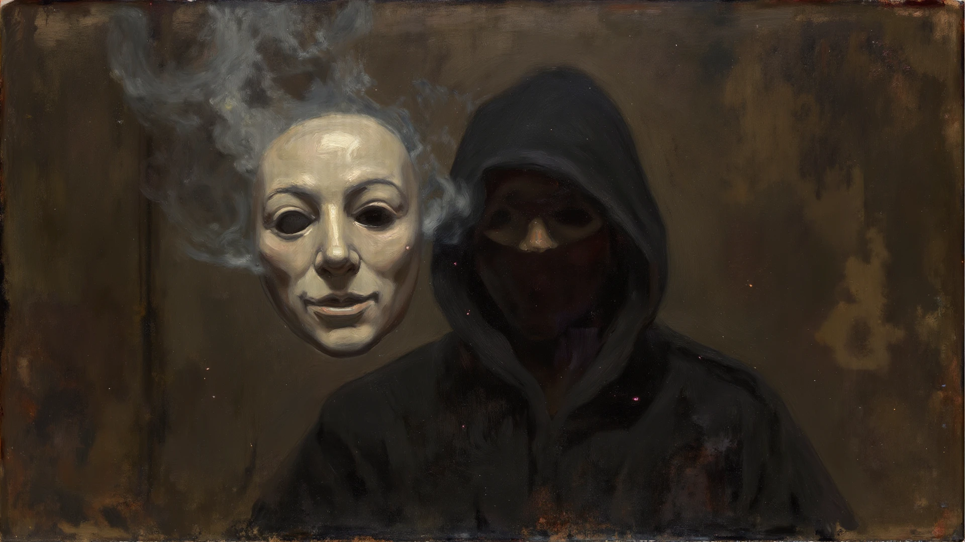 destroyed mask with drugs around it and boy with his back turned after getting rid of them in an alley full of graffiti