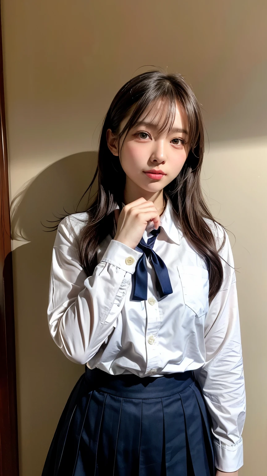 1girl, realistic, solo, (masterpiece:1.2), best quality, (unbuttoned school uniform), medium breasts, ,