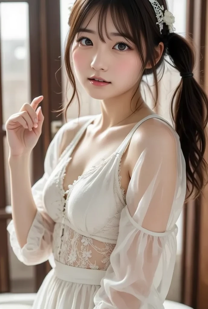 masterpiece, best quality, 1girl, solo, long hair, looking at viewer, smile, bangs, hair ornament, red eyes, long sleeves, sexy dress, standing, collarbone, Dark hair, brown hair, sexy alternate lingerie, tree, sexy micro chinese lingerie, hairpin, ningguang (genshin impact), Ningguang, big breasts, perfect body