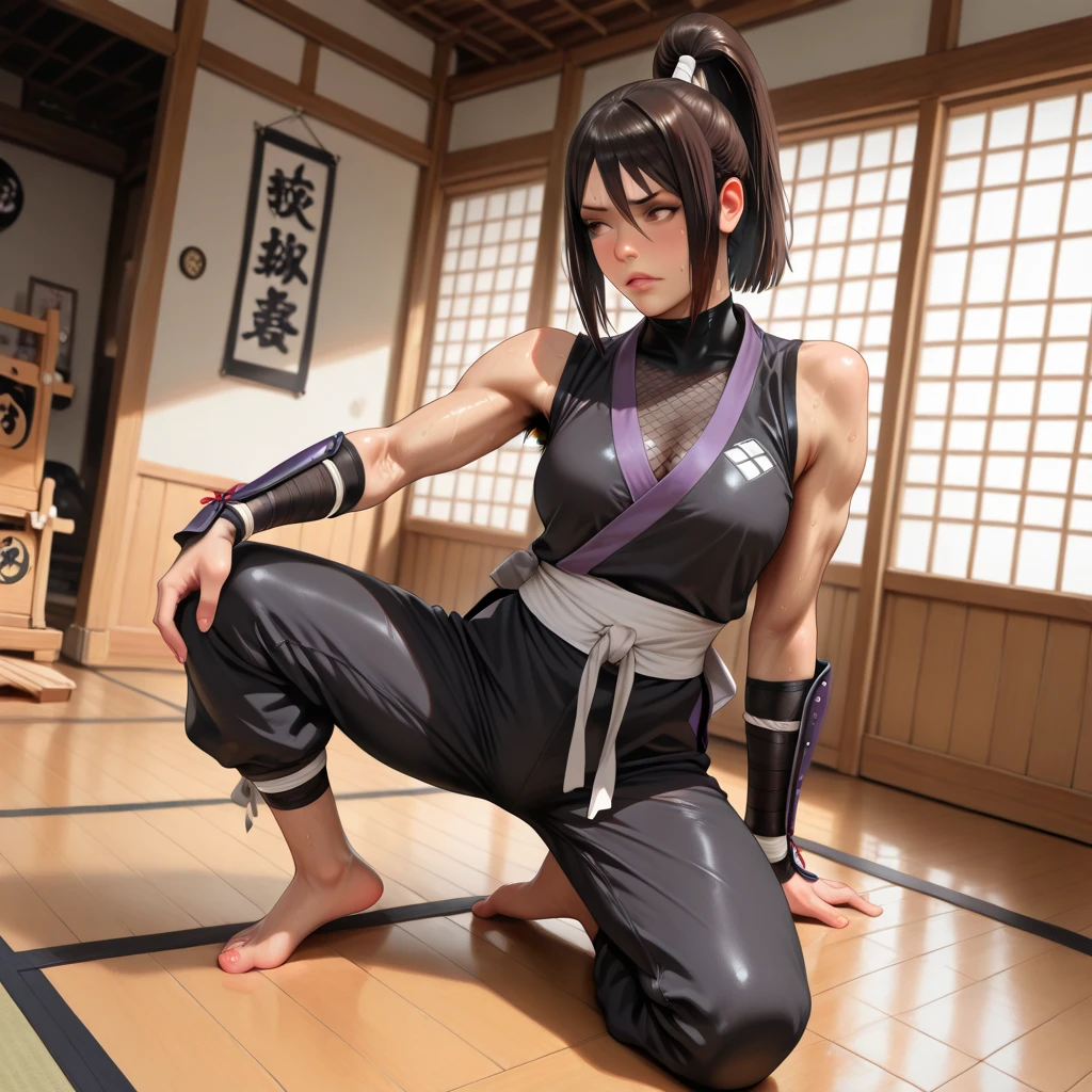 Female ninja wearing headband with hair pony tail wearing tradional ninja mask and wearing short kimono in fishnet with sexy bare feet and toes exposed with boob cleavage showing 