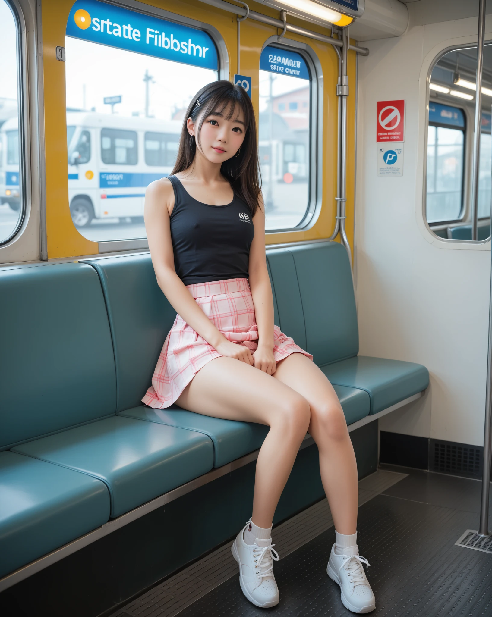 On an empty train, highest quality,live-action, Sitting on a bench(M-shaped legs:1.5), Inner thighs、Crying face, Cross your arms,Lifting the chest with the arms、Real, 8k, 13-year-old girl, Height: 130cm, Small breasts, A Cup, Carrying a school bag, A thin, wet, ripped, and tattered white T-shirt, black and white plaid skirt, Small breasts(A Cup), I can see your pants、((Big eyes)), RAW Photos, alone, Facing forward、No makeup、Ecstatic expression, Idol's face, Delicate girl, Upper Body, , Digital single-lens reflex camera, Looking at the audience, Frank, Sophisticated, Thin arms, Soft rays of light、Professional Lighting, chromatic aberration, (Eye and facial details:1.0), ((Browsing Caution:1.7、Realistic))、1 girl, ((Girls' school uniform)), Looking at the audience, Young Face ,School classroom、Navy blue knee socks, Black Loafers, Small breasts, Beautiful thighs, Thin thighs, Perfect legs, toned legs