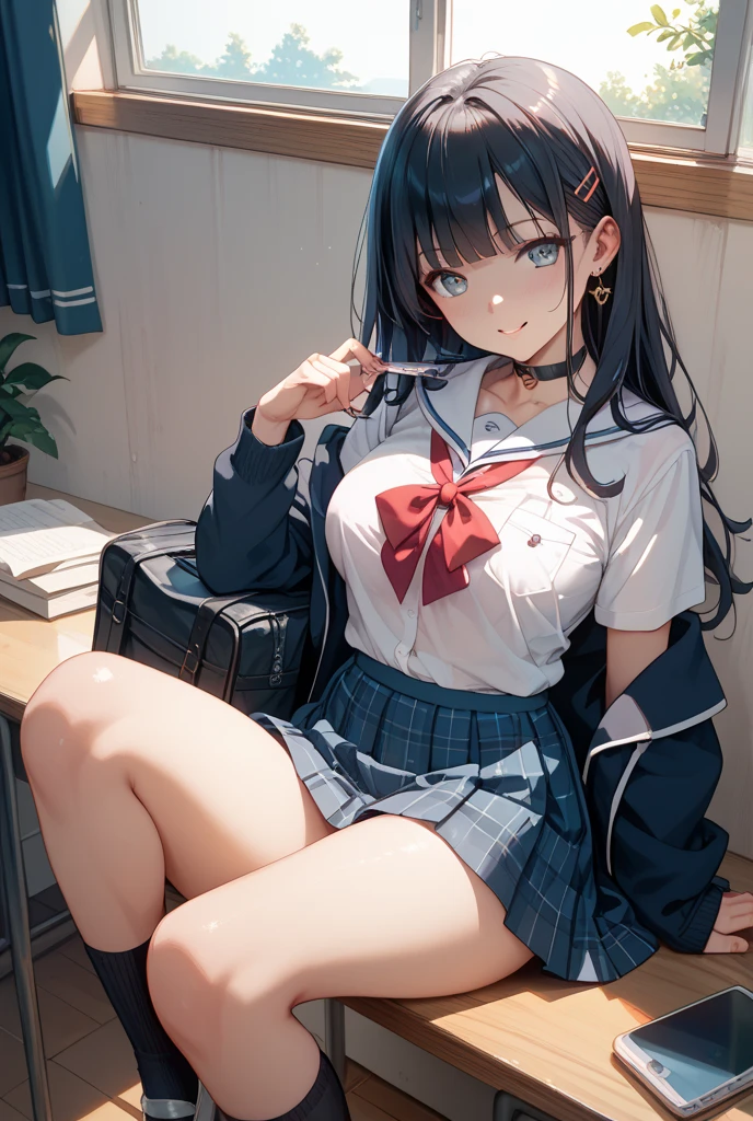 (masterpiece、Highest quality、High resolution、Highest quality、Realistic depiction)Created by Girl(whole body)、Long Black Hair、Beautiful Eyes、high school girl、Classroom after school、Showing her underwear from the front、Panty shot、Sailor suit、Big Breasts、Chest、M-shaped legs(Sit on a chair and open your legs to show your underwear)valley、Embarrassed