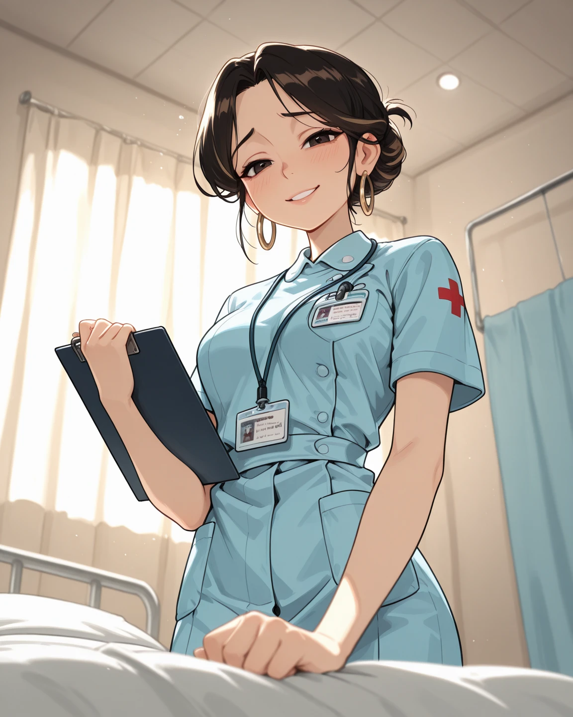 1lady solo, (looking down), (from below), healthcare worker, (nurse uniform), (mature female:0.8), /(light brown hair/) bangs, kind smile, (masterpiece best quality:1.2) delicate illustration ultra-detailed, large breasts, (holding thermometer) (presenting toward viewers), (stethoscope around neck) BREAK (hospital room) indoors, (bright white ceiling:1.2), (perspective from bed:1.2), detailed background