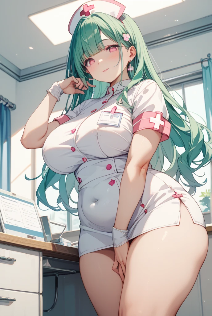 One Woman、Braided twin tails、Huge breasts、(Huge breasts:1.8)、Glasses、blue eyes、Green Hair、Attention to detail, Heart-shaped pupils,Nurse hat,Pink nurse uniform,Love Your Students,Cropped shoulders,Red Cross,Slender Maiden,Highly rendered,Detailed face,White Stockings,On your stomach,