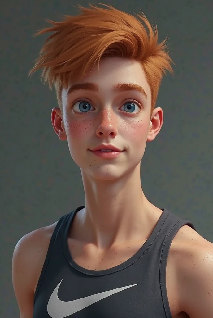 A young boy with thick red hair, penteado slick back, lightbrown eyes, perfect pale skin, athletic body with intermediate volume and definition, perfect body symmetry.