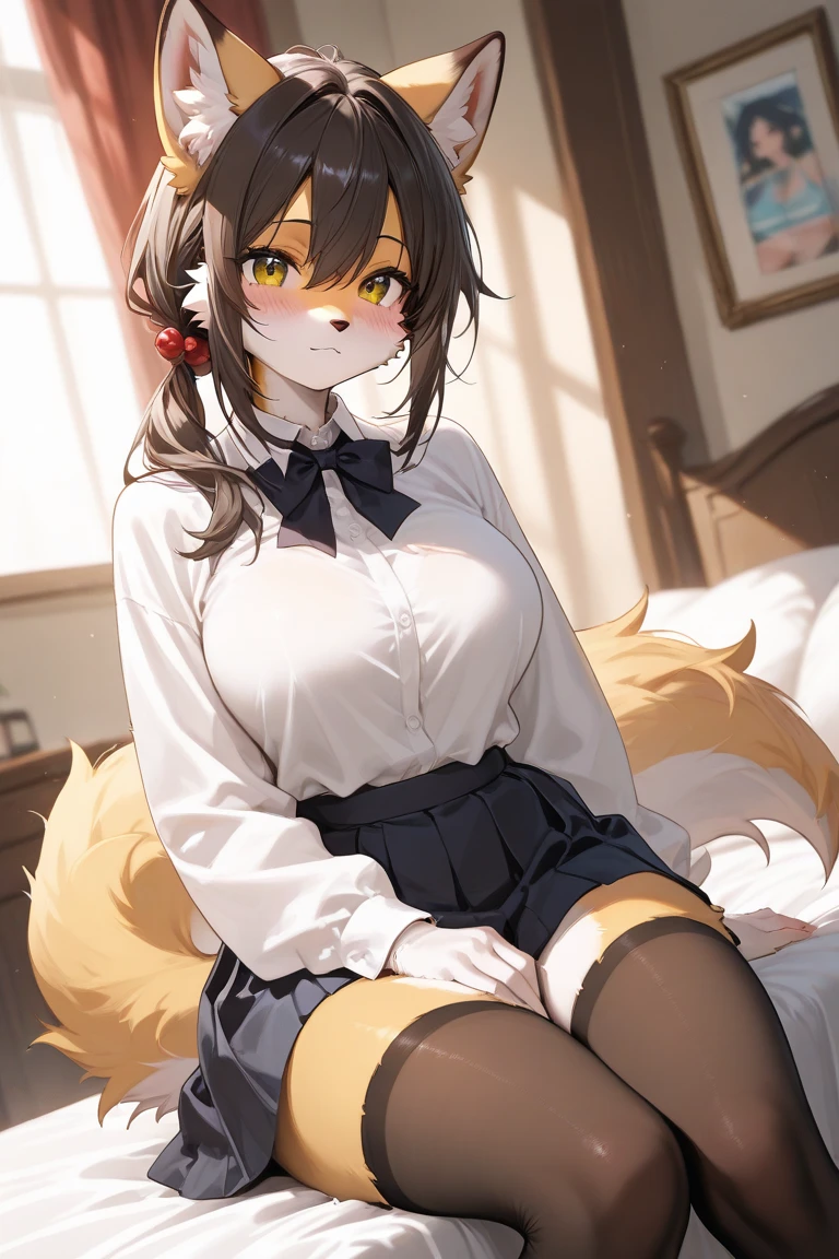 score_8_up, score_7_up, score_6, source_furry, source_anime, ((furry, kemono, anthro)),1girl,black hair,black eyes,big breasts, dress shirt,skirt,side-tie panties,embarrassed,blush,steaming,sweat,looking at viewer,sitting,spread legs,knees up,she lift her skirt with both hands,bedroom