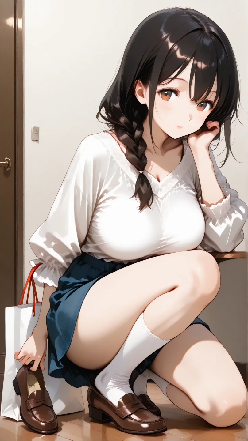 High resolution, Top quality, Masterpiece, Ultra high quality, Ultra detail, Ultra realistic, 3D, Anime, Illustration, Troubled face, Solo, ((Beautiful student short skirt)), squatting and touching hair, (looking at the camera), (background blur))), brown leather shoes, bare feet, (cotton underwear), large breasts, frontal shooting,