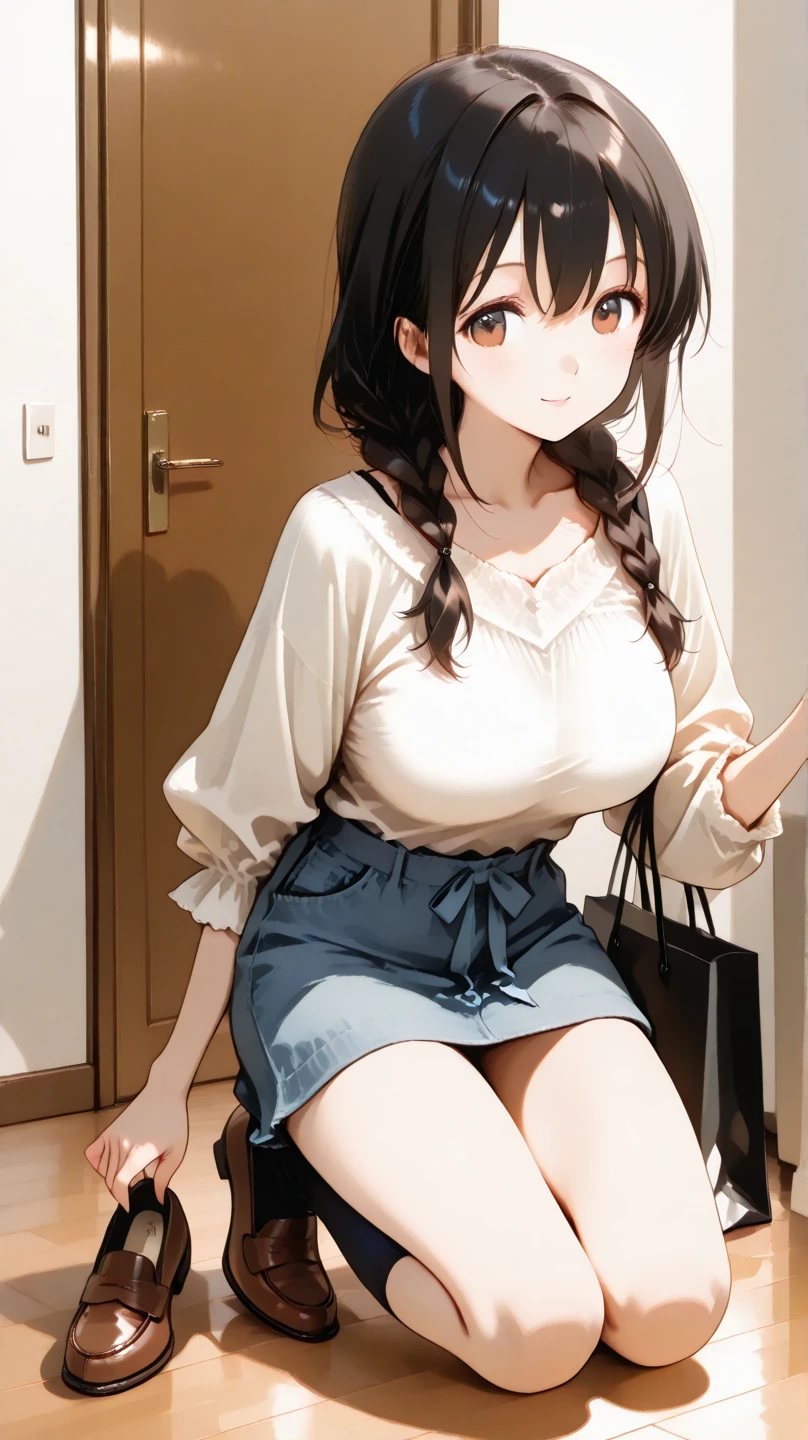 A girl about 12 years old wearing a T-shirt、Inside the bookstore、a miniskirt、Still small breasts when they start to bulge、Girl crouching and getting down on one knee、Peeking into the lower body of a girl in a miniskirt from the crotch、You can see her wearing white panties like a child、The crotch is spread wide、Innocent girl panties look good、Panties oozing menstrual blood
