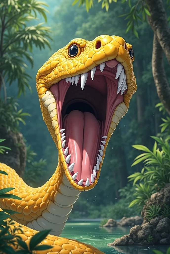 Single snake with no teeth, large wide open mouth coconut with milk inside mouth, surprised face with cute eyes facing the camera close up, photorealistic. Coconut Milk inside mouth.coconut Milk dripping out of mouth. Muscles jaw. Defined snake jaw