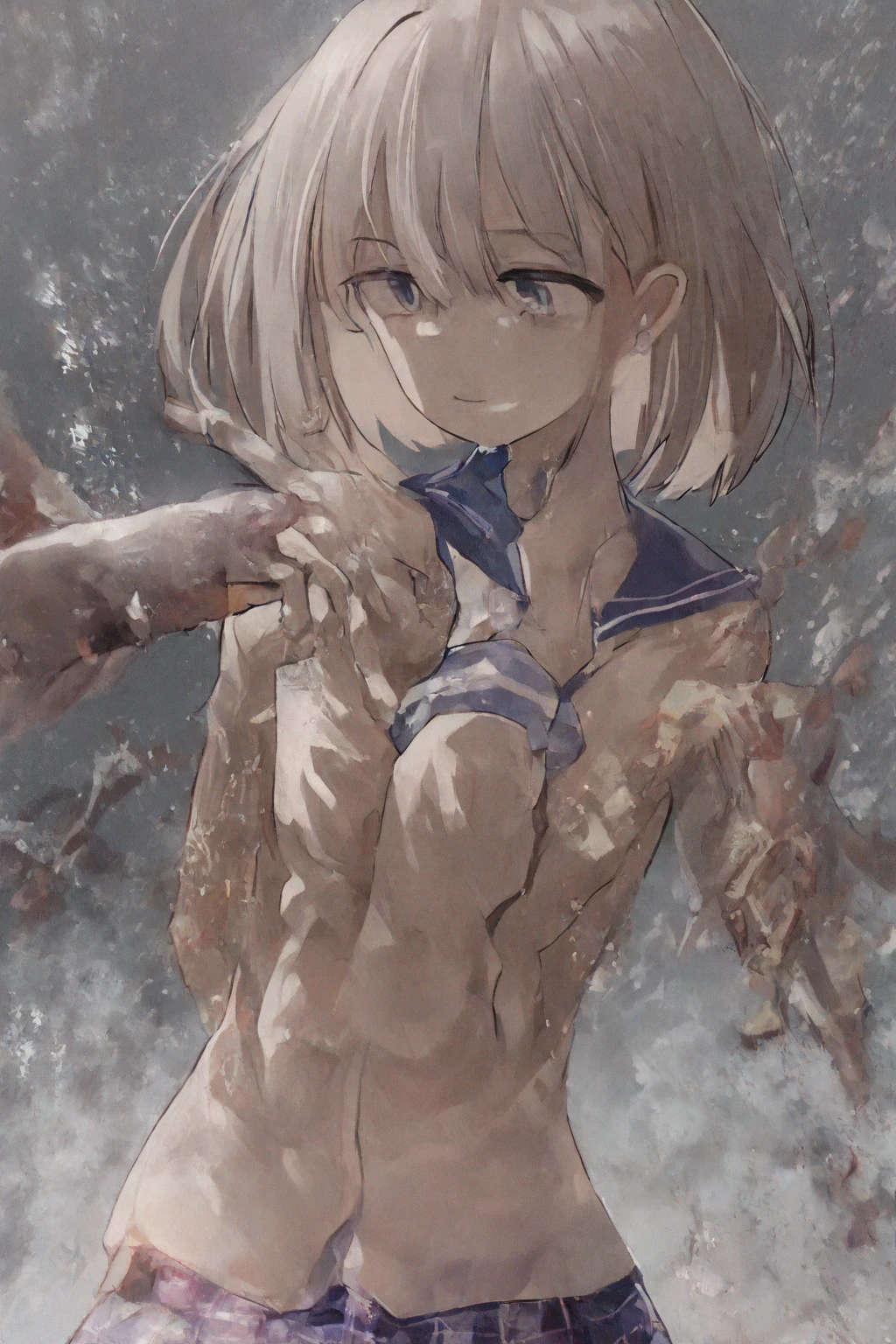(masterpiece:1.2), (highest quality:1.2), No Shadow, Perfect Eyes, Perfect Face, battlefield, Devastation, rubble, 1gboy, Blonde, ((flat chest)), Noble long hair, Medium Hair, Blue eyes , ((((NUDE))), open mouth, front, arms behind head, spread legs, eyes closed ,, (Upper Body), from directly below, (scared) , ((disdain)), glaring, sweat , ((cum on pussy)),smile, grin