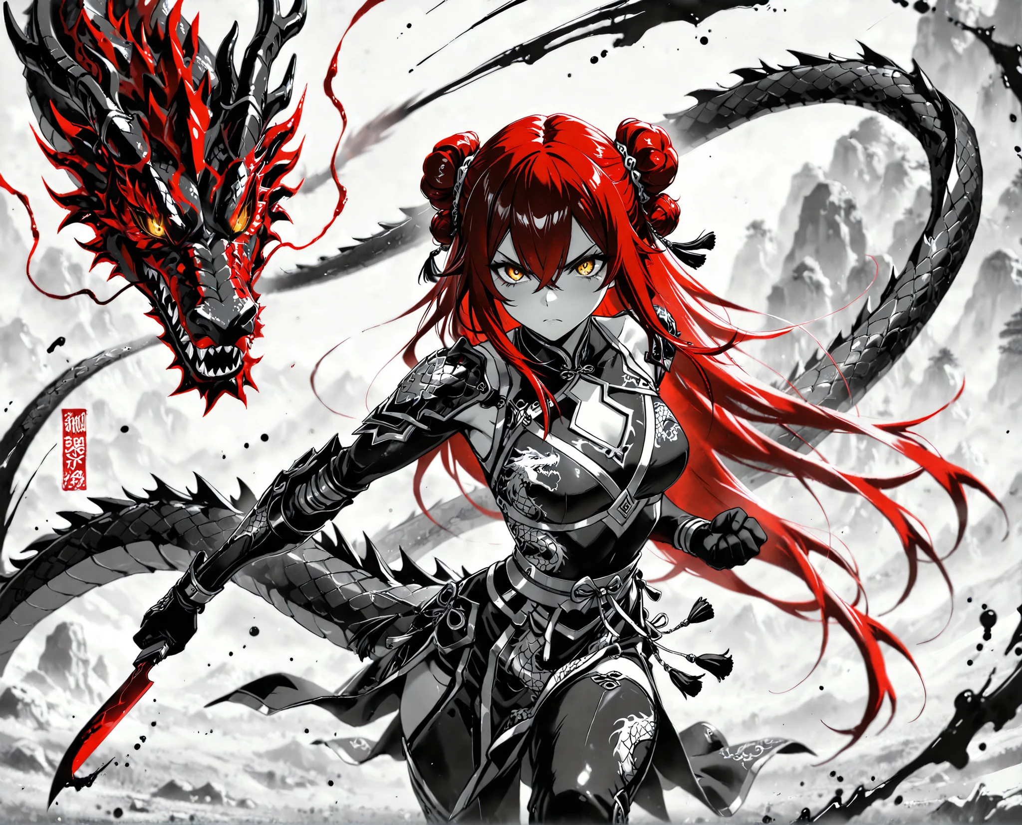 (Masterpiece), (best quality), (expressive eyes), (perfect face), (8k), (extreme detail), (illustration), (absurdres), (highres), (ultra detailed),1 girl , golden eyes , very long hair , long sidelocks, red hair , petite , very cute , beautiful ,Straight hair, cool, handsome, hair between eyes, mediumlarge breast, fused with dragon, dragon motif, double bun, crossed bangs, tassels, (red/black scales), (scaly exoskeleton), (dragon print), (dragon tail), (triad member), (Chinese assassin), (cute little killer), (trained to kill), (serious), (action pose), (holding knife), (poison-tipped knife), (red poison), (red venom), Dark color, greyscale, ink \(medium\)