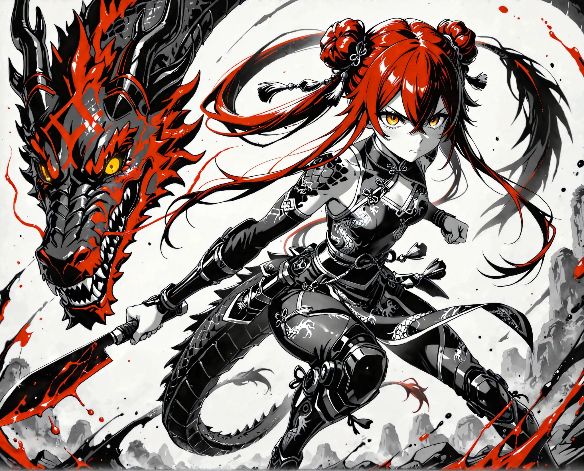 (Masterpiece), (best quality), (expressive eyes), (perfect face), (8k), (extreme detail), (illustration), (absurdres), (highres), (ultra detailed),1 girl , golden eyes , very long hair , long sidelocks, red hair , petite , very cute , beautiful ,Straight hair, cool, handsome, hair between eyes, mediumlarge breast, fused with dragon, dragon motif, double bun, crossed bangs, tassels, (red/black scales), (scaly exoskeleton), (dragon print), (dragon tail), (triad member), (Chinese assassin), (cute little killer), (trained to kill), (serious), (action pose), (holding knife), (poison-tipped knife), (red poison), (red venom), Dark color, greyscale, ink \(medium\)